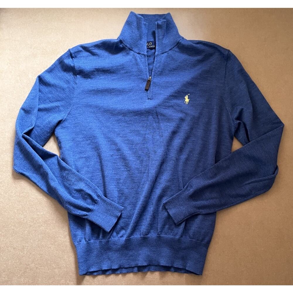 Polo Ralph Lauren Merino Wool Quarter Zip Sweater Heathered Blue M Italian Yarn - Picture 12 of 16
